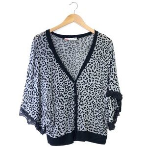 Excuse Me Miss Black Gray Lace Cheetah Animal Pront Batwing Sweater Blouse Top